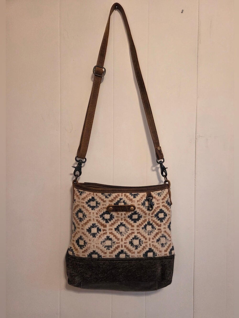 Myra Bag Adjustable Crossbody Leather With Cowhide Hair And Upcycled Materials